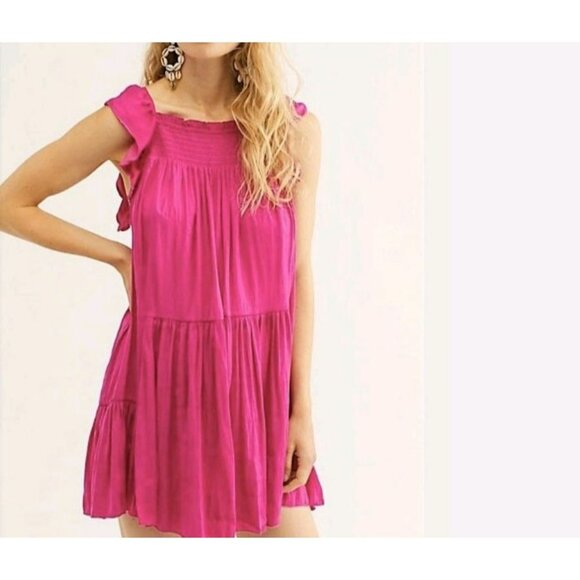 Intimately Free People Dress mini Magenta Sleeveless Smocked Ruffle Hem Size S - Picture 1 of 11